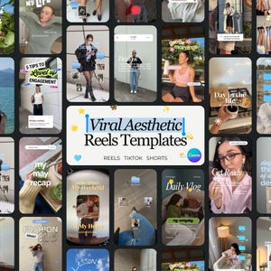 May include: A digital collage of social media video templates featuring various lifestyle scenes, including fashion, daily vlogs, and morning routines. The central white rectangular graphic displays the text Viral Aesthetic Reels Templates.