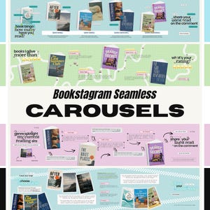 Może przedstawiać: Zestaw szablonów cyfrowych zatytułowany Bookstagram Seamless CAROUSELS zawierający różne grafiki okładek książek, ikony gwiazdek oceny oraz teksty takie jak book bingo, genre spotlight i share your latest read on the comment dla mediów społecznościowych.