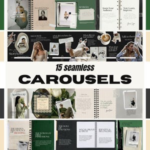 Op de afbeelding: Een digitale collectie van 15 naadloze social media carrousel-sjablonen met een samenhangende esthetiek in donkergroene, beige en witte kleurenpaletten. De ontwerpen bevatten diverse lay-outs met typografie, fotokaders en notitieboekpagina's.