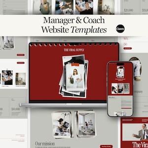 Puede incluir: Una visualización digital de plantillas de sitio web Manager & Coach con una pantalla de portátil y smartphone. La interfaz muestra un fondo rojo intenso con fotografías en blanco y negro superpuestas, secciones de texto y un logo de Canva.