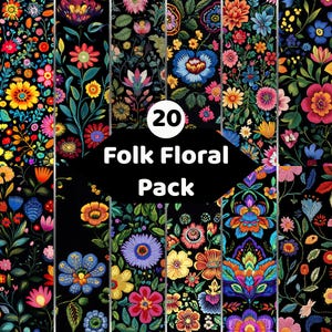 Könnte beinhalten: Eine Sammlung von 20 digitalen Mustern mit lebendigen, bunten Blumendesigns auf schwarzem Hintergrund. Das Bild zeigt verschiedene botanische Motive, darunter stilisierte Blumen, Blätter und Stängel. Der Text lautet 20 Folk Floral Pack.