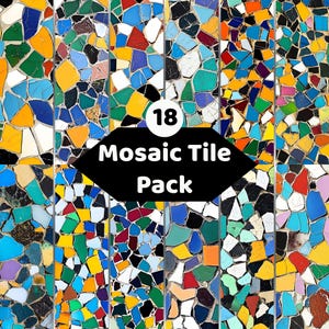 Könnte beinhalten: Eine digitale Sammlung von 18 Mosaikfliesenmustern mit unregelmäßigen, bunten Keramikscherben in Blau, Gelb, Grün, Rot, Schwarz und Weiß. Der Text 18 Mosaic Tile Pack ist in einem schwarzen sechseckigen Overlay zentriert.