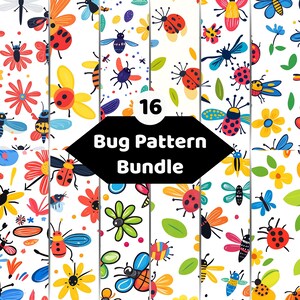 Könnte beinhalten: Eine digitale Sammlung von 16 nahtlosen Mustern mit farbenfrohen Illustrationen verschiedener Insekten, Marienkäfer und Blumen auf weißem Hintergrund. Die zentrale schwarze Grafik zeigt den Text 16 Bug Pattern Bundle in Weiß.