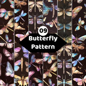 Könnte beinhalten: Eine digitale Collage mit einem sich wiederholenden Muster aus verschiedenen Schmetterlingen und Libellen in schillernden Blau-, Lila-, Gold- und Rosatönen auf dunklem Hintergrund. Der Text 09 Butterfly Pattern steht in einem schwarzen Sechseck.