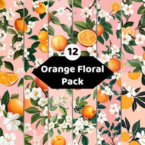 Op de afbeelding: Een digitale patrooncollectie getiteld 12 Orange Floral Pack met herhalende illustraties van hele en gesneden sinaasappels, groene bladeren en witte bloesems tegen een zachtroze achtergrond, gepresenteerd in twaalf verticale panelen.