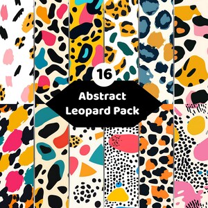 Könnte beinhalten: Eine digitale Sammlung von 16 abstrakten Leopardenmustern mit einer Vielzahl bunter Formen und Flecken in Gelb, Pink, Türkis, Orange und Schwarz auf weißem und cremefarbenem Hintergrund, beschriftet mit 16 Abstract Leopard Pack.