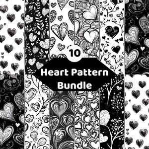 Könnte beinhalten: Eine digitale Sammlung von 10 schwarz-weißen Herzmustern mit verschiedenen künstlerischen Stilen, darunter Strichzeichnungen, florale Motive und abstrakte Formen. Der zentrale Text lautet 10 Heart Pattern Bundle.
