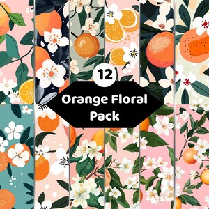 Könnte beinhalten: Eine digitale Sammlung von 12 Mustern mit Orangen, grünen Blättern und weißen Blüten auf verschiedenen Hintergründen wie Rosa, Blaugrün und Dunkelblau. Die zentrale schwarze Grafik zeigt den Text 12 Orange Floral Pack.