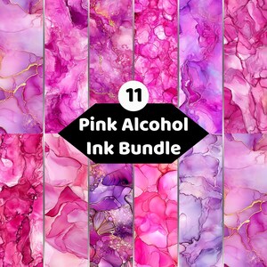 Könnte beinhalten: Eine digitale Sammlung von 11 rosa Alkohol-Tinte-Texturen mit wirbelnden Mustern in Magenta, Fuchsia und Hellrosa mit goldenen Akzenten. Ein schwarzes sechseckiges Etikett in der Mitte zeigt den Text 11 Pink Alcohol Ink Bundle.