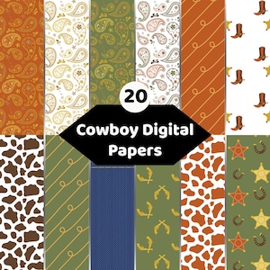 Könnte beinhalten: Eine Sammlung von 20 digitalen Papieren mit verschiedenen Mustern wie Paisley, Kuhflecken, Cowboystiefeln, Sheriffsternen, Hufeisen, gekreuzten Pistolen und Seilen in Orange, Grün, Weiß und Blau mit dem Text 20 Cowboy Digital Papers.