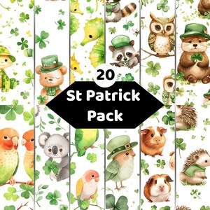 Könnte beinhalten: Eine digitale Sammlung von 20 Mustern zum Thema St. Patrick's Day mit Aquarellillustrationen von Tieren wie Bären, Eulen, Koalas und Meerschweinchen, die grüne Hüte tragen und von grünen Kleeblättern auf weißem Grund umgeben sind.