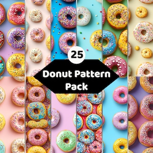 Könnte beinhalten: Eine digitale Sammlung von 25 Donut-Mustern mit verschiedenen glasierten Donuts mit bunten Streuseln auf verschiedenen einfarbigen Hintergründen wie Blau, Pink, Gelb und Grün. Die schwarze Grafik in der Mitte zeigt den Text 25 Donut Pattern Pack.