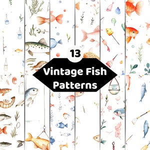 Vintage Fish Pattern Bundle | 13 Watercolor Digital Papers | Coastal Seamless Backgrounds