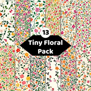 Könnte beinhalten: Eine Sammlung von 13 digitalen Mustern mit winzigen Blumenmotiven in verschiedenen Anordnungen aus Rosa, Orange, Gelb und Grün auf cremefarbenem Hintergrund. Ein schwarzes sechseckiges Etikett in der Mitte zeigt den weißen Text 13 Tiny Floral Pack.