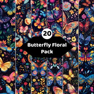 Könnte beinhalten: Eine digitale Sammlung von 20 Schmetterlings- und Blumenmustern mit leuchtend bunten Schmetterlingen in Blau, Orange, Pink und Gelb auf dunklem Hintergrund. Das schwarze Etikett in der Mitte zeigt den Text 20 Butterfly Floral Pack.