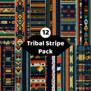Könnte beinhalten: Eine Sammlung von 12 digitalen Mustern mit Stricktexturen und verschiedenen geometrischen Streifen in Orange, Marineblau, Grün und Gelb. Die zentrale schwarze Grafiküberlagerung zeigt den weißen Text 12 Tribal Stripe Pack.