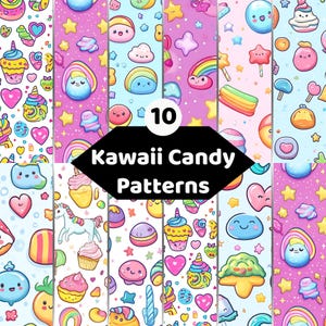 Kawaii Candy Pattern Bundle | Pastel Cute Digital Paper | Sweet Dessert Backgrounds | Commercial Use