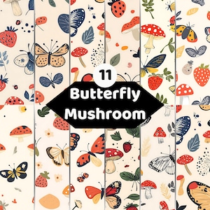 Könnte beinhalten: Eine digitale Mustersammlung mit elf vertikalen Paneelen, die Illustrationen von roten Pilzen, bunten Schmetterlingen und Erdbeeren auf cremefarbenem Grund zeigen. Die zentrale schwarze Grafik zeigt den Text 11 Butterfly Mushroom.