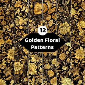 Golden Floral Pattern Bundle | Luxury Botanical Digital Paper | Vintage Black Gold Wallpaper Collection