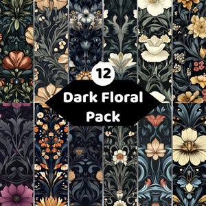 Könnte beinhalten: Eine Sammlung von 12 digitalen Mustern mit dunklen Blumenmotiven, komplexen Blättern und Blüten in Creme, Orange, Rosa und Blau auf schwarzem Grund. Der zentrale Text lautet 12 Dark Floral Pack.