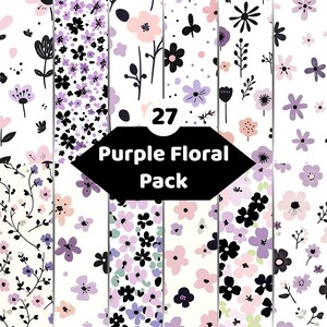Könnte beinhalten: Eine digitale Sammlung von 27 nahtlosen Mustern mit Blumenillustrationen in Lila-, Rosa- und Schwarztönen auf weißem Hintergrund. Das zentrale schwarze sechseckige Etikett zeigt den weißen Text 27 Purple Floral Pack.