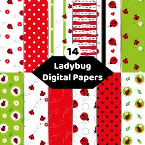 Könnte beinhalten: Eine Sammlung von 14 digitalen Papieren mit Marienkäfer-Mustern in Rot, Weiß, Schwarz und Grün. Die Designs umfassen Punkte, Streifen und Marienkäfer mit Blumen, Blättern und Herzen. Der Text 14 Ladybug Digital Papers ist mittig platziert.