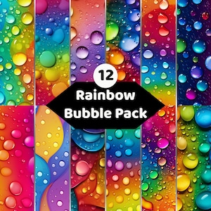Könnte beinhalten: Eine digitale Sammlung von 12 regenbogenfarbenen Hintergründen mit Wassertropfen in verschiedenen Größen. Das zentrale schwarze sechseckige Etikett zeigt den weißen Text 12 Rainbow Bubble Pack und präsentiert lebendige Farbverläufe in Rot, Orange, Gelb, Grün, Blau und Violett.