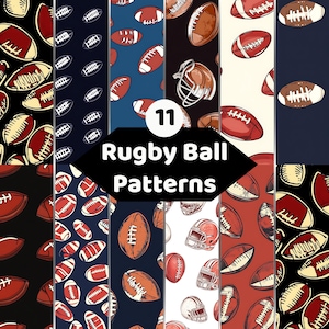Könnte beinhalten: Eine Sammlung von 11 Rugbyball-Mustern mit verschiedenen Illustrationen von Rugbybällen und Helmen in den Farben Rot, Weiß, Braun, Schwarz und Blau. Der zentrale Text lautet 11 Rugby Ball Patterns in Weiß auf schwarzem Hintergrund.