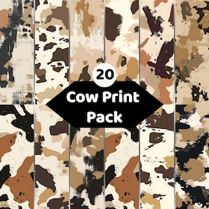 Könnte beinhalten: Eine digitale Sammlung von 20 Kuhfellmustern mit verschiedenen abstrakten Designs in Creme-, Beige-, Braun- und Schwarztönen. Ein zentrales schwarzes sechseckiges Abzeichen zeigt den weißen Text 20 Cow Print Pack über dem gemusterten Hintergrund.