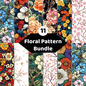 Könnte beinhalten: Eine digitale Sammlung von 11 Blumenmustern mit verschiedenen botanischen Illustrationen in unterschiedlichen Farbpaletten, darunter blaue, rote, orange, gelbe und rosa Blüten auf hellen und dunklen Hintergründen, beschriftet mit 11 Floral Pattern Bundle.