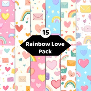 Könnte beinhalten: Eine digitale Sammlung von 15 nahtlosen Mustern mit wiederkehrenden Motiven aus pastellfarbenen Regenbögen, Herzen und Umschlägen in verschiedenen Farben wie Rosa, Blau, Gelb und Weiß, mit dem Text 15 Rainbow Love Pack in Schwarz.