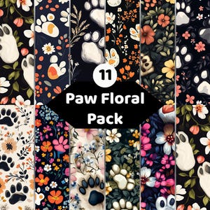 Könnte beinhalten: Eine digitale Sammlung von elf vertikalen Paneelen mit sich wiederholenden Mustern aus Tierpfotenabdrücken und verschiedenen floralen Elementen in diversen Farbpaletten wie Schwarz, Weiß, Orange, Pink und Gelb mit dem Text 11 Paw Floral Pack.