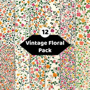 Könnte beinhalten: Eine Sammlung von 12 digitalen Mustern mit verschiedenen Blumendesigns mit kleinen Blüten in Rosa-, Orange- und Gelbtönen auf cremefarbenen Hintergründen, mit einem zentralen schwarzen Sechseck-Etikett mit dem Text 12 Vintage Floral Pack.