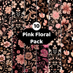 Könnte beinhalten: Eine digitale Sammlung von 10 nahtlosen Mustern mit rosa und pfirsichfarbenen Blumenmotiven auf schwarzem Hintergrund. Die Designs zeigen verschiedene stilisierte Blüten, Blätter und Ranken. Der Text in der Mitte lautet 10 Pink Floral Pack.