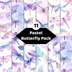 Könnte beinhalten: Eine digitale Sammlung von 11 pastellfarbenen Schmetterlings- und Libellenillustrationen mit Aquarelltexturen in Lila-, Blau- und Rosatönen. Die schwarze Grafik in der Mitte zeigt den Text 11 Pastel Butterfly Pack.