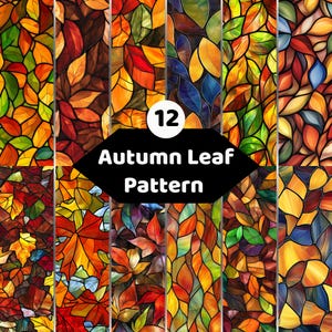 Könnte beinhalten: Eine digitale Sammlung von 12 Herbstblattmustern mit Designs im Buntglasstil in leuchtenden Rot-, Orange-, Gelb-, Grün- und Blautönen. Der Text 12 Autumn Leaf Pattern ist in einem schwarzen Sechseck über den Bildern zentriert.