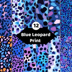 Könnte beinhalten: Eine Sammlung von 12 digitalen Mustern mit blauem Leopardenmuster. Jedes Feld zeigt Variationen von Tierflecken in Blau-, Lila-, Schwarz- und Hellrosatönen. Ein zentrales schwarzes Sechseck enthält den Text 12 Blue Leopard Print.
