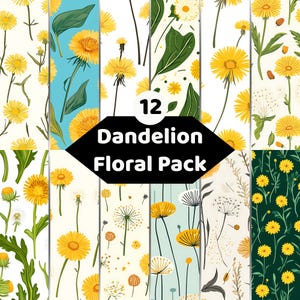 Könnte beinhalten: Eine digitale Sammlung von 12 Dandelion Floral Pack Mustern mit gelben Löwenzahnblüten, grünen Blättern und weißen Samenköpfen auf verschiedenen Hintergründen in Creme, Hellblau und Dunkelgrün, mit dem Text 12 Dandelion Floral Pack.