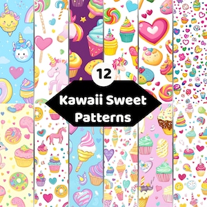 Kawaii Sweet Pattern Bundle | Pastel Dessert Digital Paper | Candy Unicorn Seamless Background Set