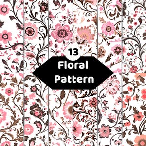 Könnte beinhalten: Eine Sammlung von dreizehn verschiedenen Blumenmustern mit rosa und braunen botanischen Illustrationen auf weißem Hintergrund. Ein zentrales schwarzes sechseckiges Etikett zeigt den weißen Text 13 Floral Pattern über den Mustern.