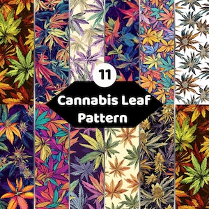 Könnte beinhalten: Eine Sammlung von 11 verschiedenen Cannabisblatt-Mustern mit lebendigen, mehrfarbigen Illustrationen von Blättern in verschiedenen Farbpaletten, darunter warme Herbsttöne, kühle Blautöne und kontrastreiche Designs mit dem Text 11 Cannabis Leaf Pattern.