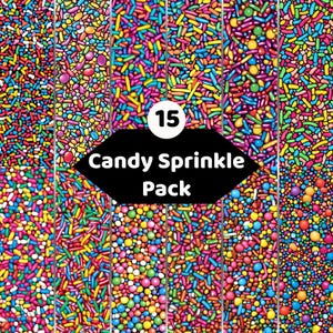 May include: A digital collection of 15 Candy Sprinkle Pack backgrounds featuring a dense assortment of colourful sugar sprinkles in various shapes, including small rods, spheres, and dots in vibrant shades of pink, blue, yellow, and green.