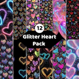 Könnte beinhalten: Eine digitale Sammlung von 12 Glitter Heart Pack Mustern mit verschiedenen Herzdesigns. Die Bilder zeigen mehrfarbige Glitzertexturen, leuchtende Neon-Umrisse und schillernde, blasenartige Herzformen vor dunklen Hintergründen.
