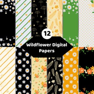 Könnte beinhalten: Eine Sammlung von 12 digitalen Papieren mit verschiedenen Blumen- und Pflanzenmustern. Die Designs umfassen weiße Gänseblümchen auf schwarzem und grünem Hintergrund, gelbe Palmblätter, orangefarbene Blüten und diagonale Streifen.