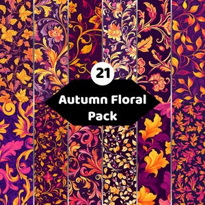 Könnte beinhalten: Eine digitale Sammlung von 21 nahtlosen Mustern mit herbstlichen Blumen- und Blattmotiven in Orange-, Gelb-, Rot- und Violetttönen auf dunklem Hintergrund, mit dem Text 21 Autumn Floral Pack in der Mitte des Bildes.