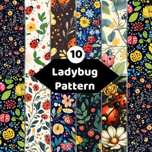 Könnte beinhalten: Eine Sammlung von zehn verschiedenen digitalen Mustern mit Marienkäfern, verschiedenen Blumen und Blattwerk. Die Designs zeigen rote Marienkäfer mit schwarzen Punkten auf dunklen und hellen Hintergründen, durchsetzt mit gelben, blauen und weißen floralen Elementen.