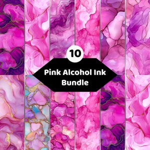 Könnte beinhalten: Eine Sammlung von zehn digitalen Hintergründen mit rosa und violetten Alkohol-Tinten-Texturen, wirbelnden Mustern und goldenen Adern. Ein zentrales schwarzes sechseckiges Etikett zeigt den weißen Text 10 Pink Alcohol Ink Bundle.