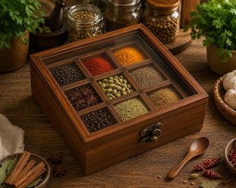 Handcrafted Wooden Spice Box – 9 Compartment Masala Box with Transparent Plastic Lid & Wooden Spoon | Natural Wood Spice Kitchen Storage Box