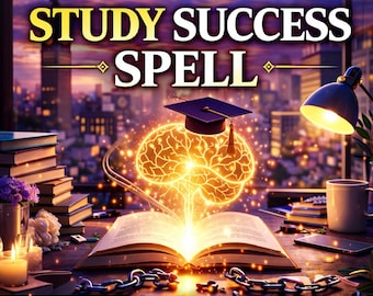 May include: A digital graphic featuring the text STUDY SUCCESS SPELL, an open book with a glowing brain illustration, a graduation cap, a desk lamp, and stacks of books. The bottom text reads PHOTO PROOF, SAME DAY CASTING, and FAST ACTING.