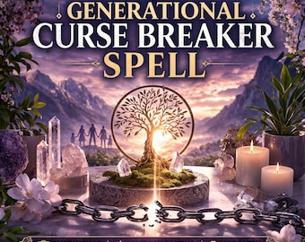 May include: A digital graphic titled GENERATIONAL CURSE BREAKER SPELL featuring a central tree of life emblem, broken metal chains, clear quartz crystals, and white candles. The background shows a mountain landscape with a family silhouette.